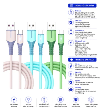 Cáp sạc silicon chuyên dụng, Dây sạc nhanh cổng USB, Cáp sạc có đèn báo, Sạc nhanh QC 3.0 (Max 33W) - DSCS