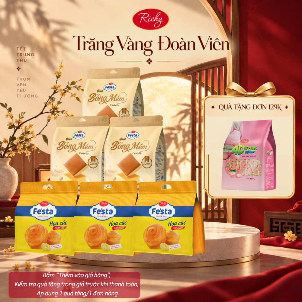 [HỎA TỐC HN] [Tặng Kẹo 4D] Combo 6 Túi Bánh Mì Hoa Cúc Fe'sta Richy & Bánh Bông Mềm Castella