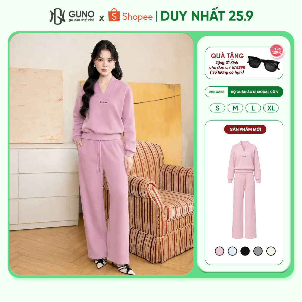 Set Bộ Nỉ GUNO Nỉ Modal Cao Cấp Cổ V Kèm Quần Suông Hack Dáng Logo Thêu 26BG228