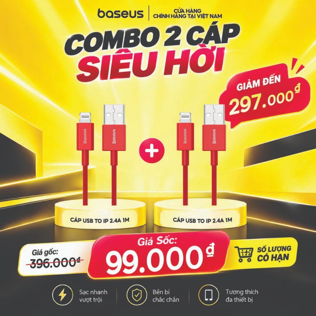 [COMBO 2 CÁP ĐỒNG GIÁ 99K] Cáp Sạc Nhanh Baseus Type C to iP, Type C to Type C, USB to Type C, USB to iP Đủ Màu Hot