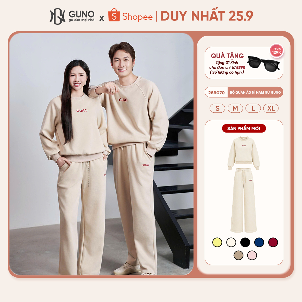 Bộ Quần Áo Nỉ Nam Nữ GUNO Cổ Tròn Logo Thêu Kèm Quần Suông Bộ Thu Đông Cao Cấp 26BG70/26BB71