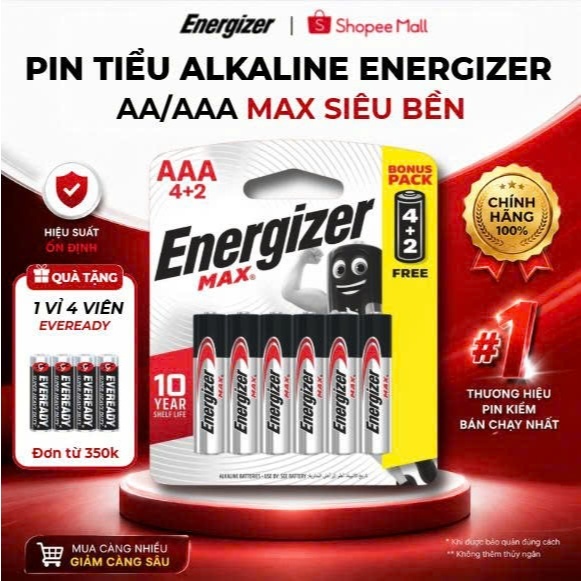 Pin tiểu Alkaline AA - AAA Energizer Max, Pin 2A/ 3A An toàn không thuỷ ngân, Chống chảy nước/ Rỉ sét - Chính Hãng
