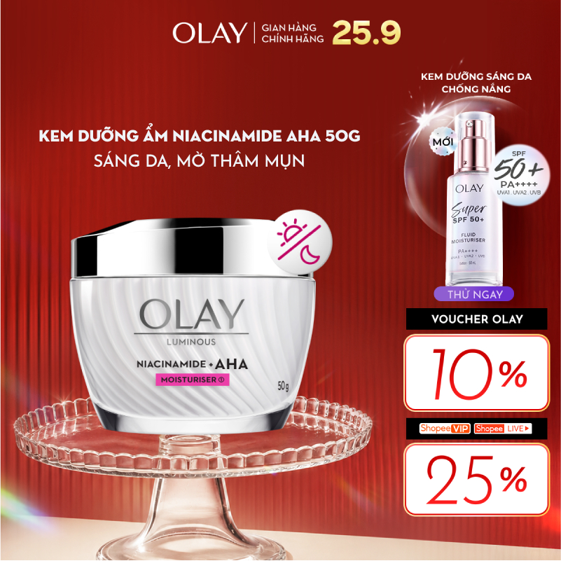 Kem Dưỡng Ẩm OLAY LUMINOUS NIACINAMIDE AHA Sáng Da, Mờ Thâm Mụn 50G