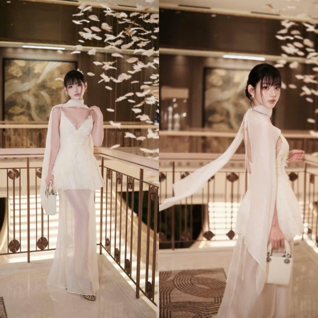 Đầm Maxi Hai Dây Cổ V Sâu Quyến Rũ Phối Voan Kèm Choàng Sang Chảnh