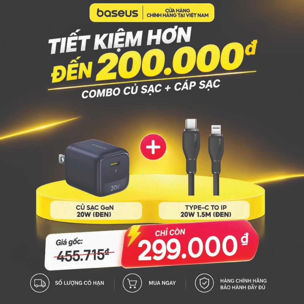 [COMBO ĐỒNG GIÁ CỦ SẠC+CÁP SẠC] Củ Sạc Nhanh Baseus GaN 20W Kèm Cáp Type-C to iP, Type C to Type C,USB to Type C Tự Chọn
