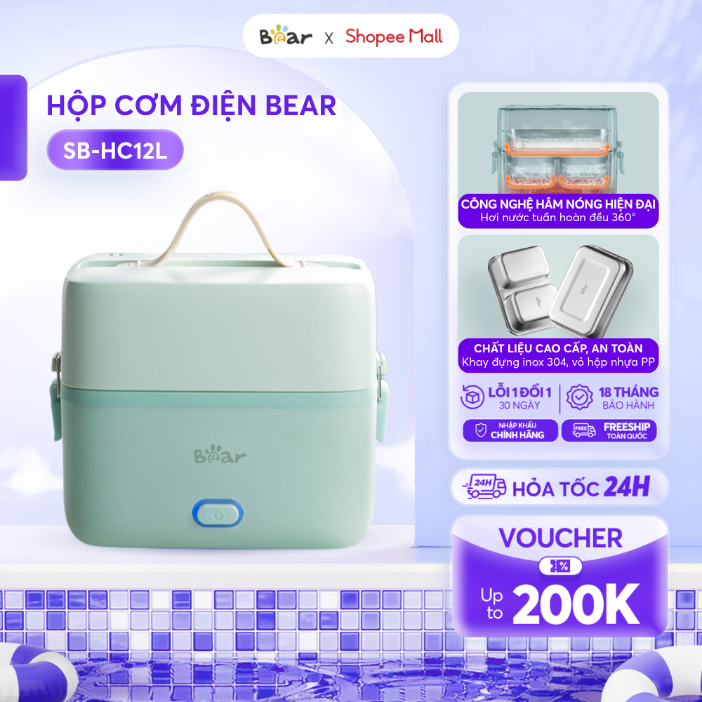 Hộp Cơm Cắm Điện BEAR 1.2L 2 Tầng Lòng Inox 304 Hâm Nóng Nhanh Hộp Cơm Văn Phòng Công Sở SB-HC12L