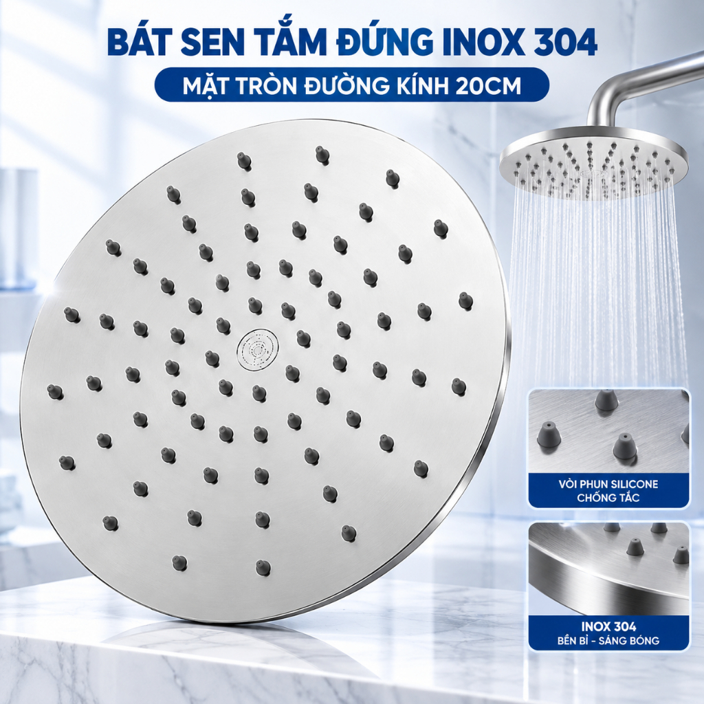 Bát sen tắm đứng INOX 304 mặt tròn đường kính 20cm, bát sen cây trắng mờ, xoay linh hoạt 360 độ-TS025