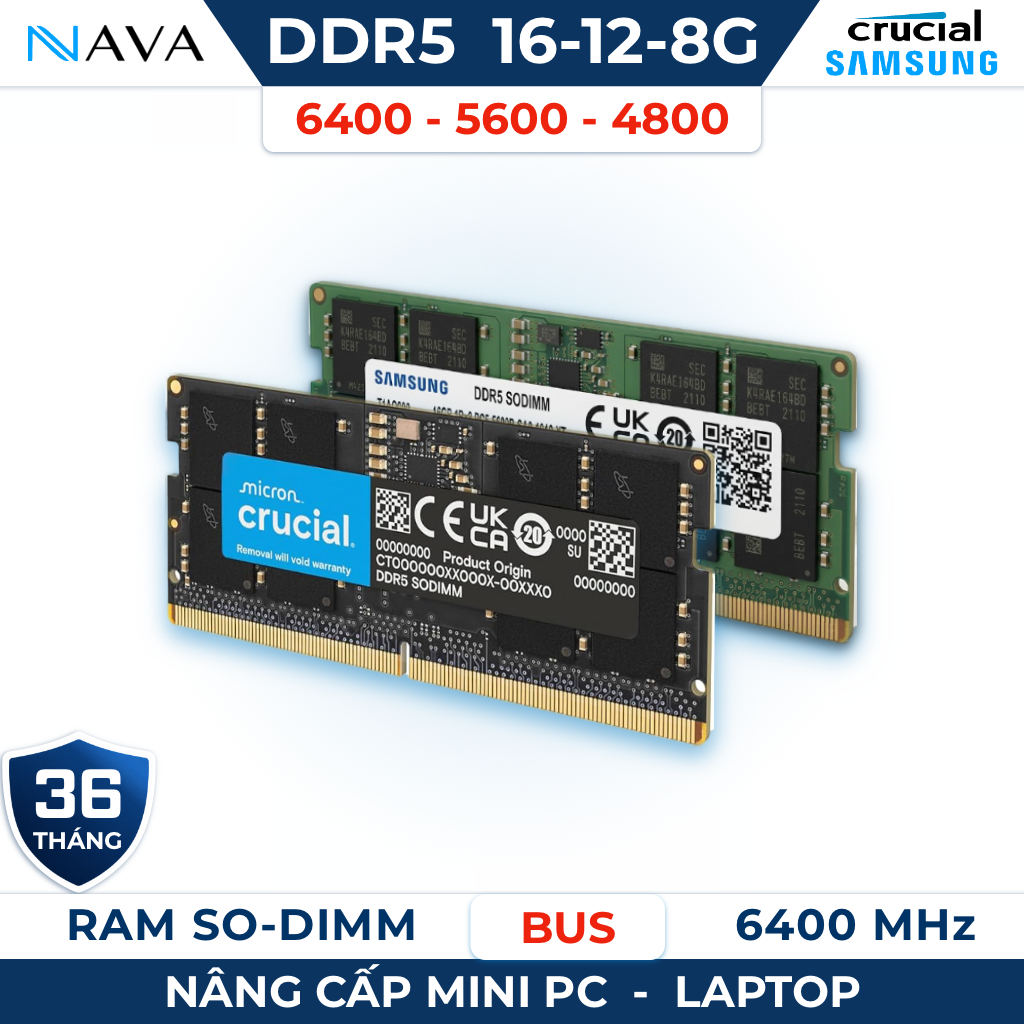 [Like New] RAM Laptop DDR5 16GB 12GB 8GB 5600 6400 Samsung Crucial Hynix Kingston Chuẩn BH 36 Tháng