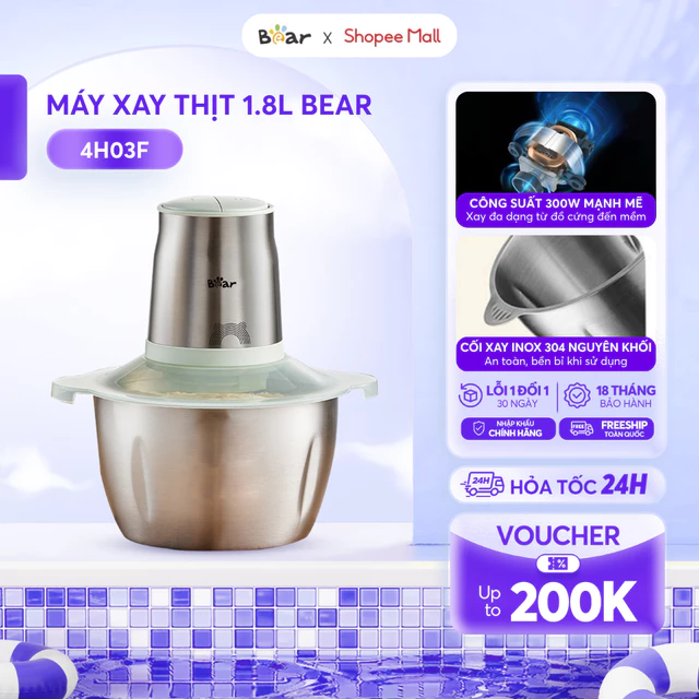 Máy Xay Thịt Cối Inox BEAR 1.8L, Máy Xay Thịt Đa Năng Cối Xay Thịt Máy Xay Đa Năng Xay Thực Phẩm Công Suất Cao CH-4H03F