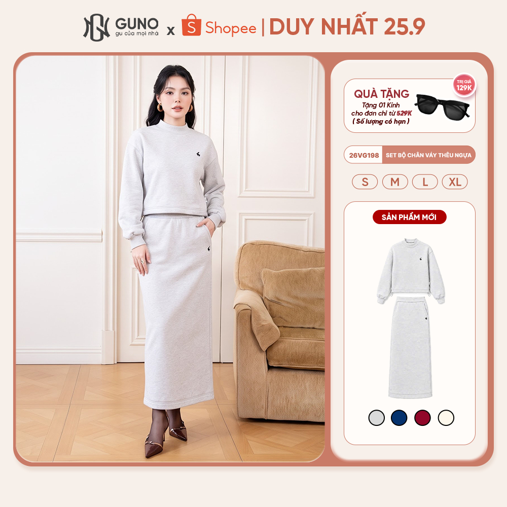 Set Váy Nỉ Nữ GUNO Dáng Dài Cao Cấp Thêu Ngựa Cổ Tròn Bo Viền Phối Chân Váy Suông Thu Đông 26VG198