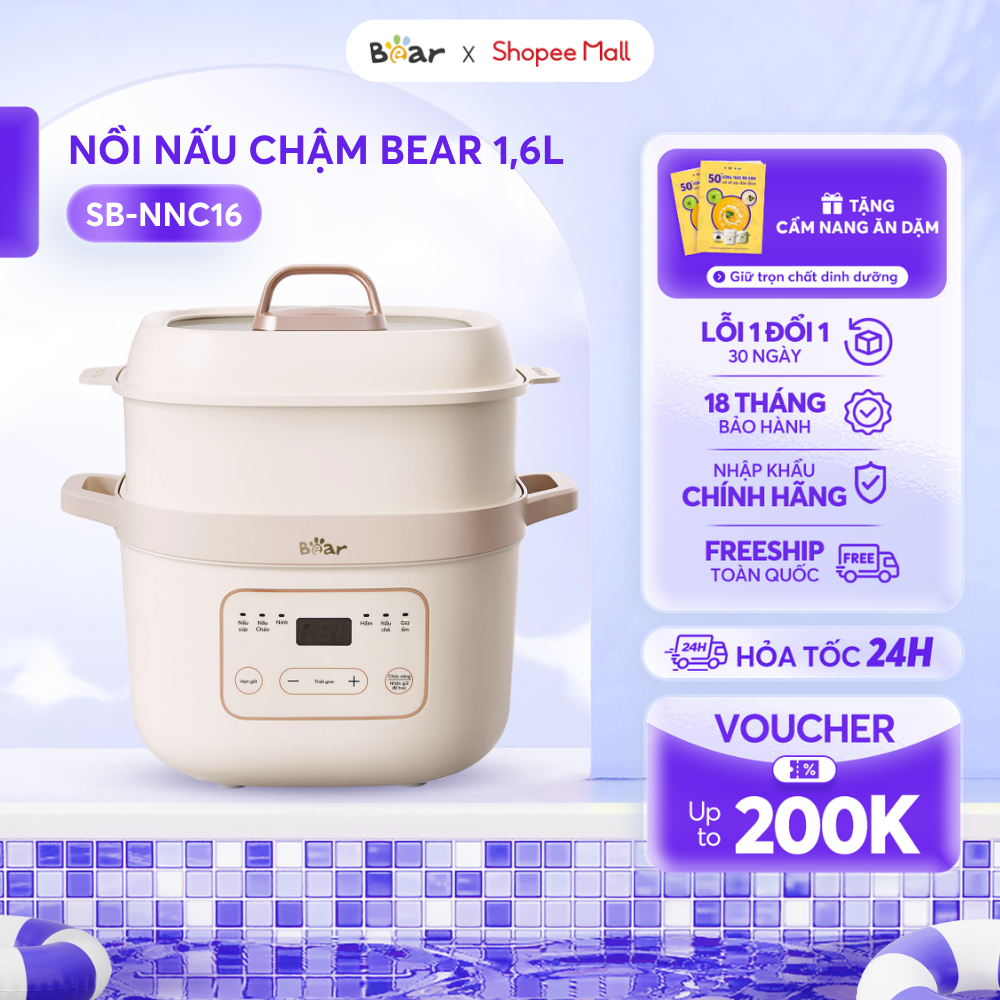 Nồi Nấu Chậm BEAR 1,6L Hầm Cách Thủy Ruột Sứ Kèm Xửng Hấp Nấu Cháo Ăn Dặm Cho Bé Chưng Yến SB-NNC16