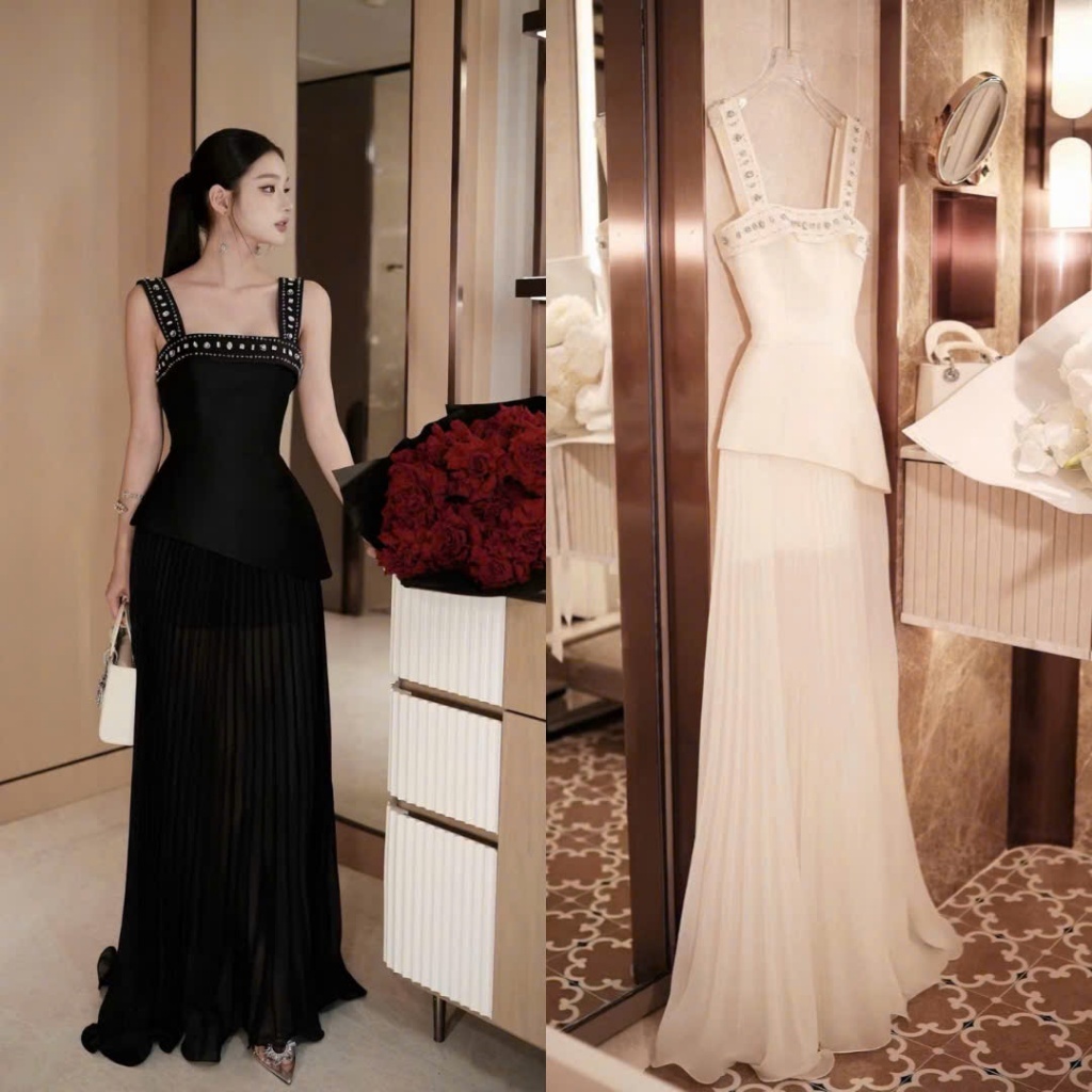 Đầm Maxi Cổ Vuông Hai Dây Đính Đá Dáng Ôm Phối Chân Váy Xếp Ly Sang Trọng
