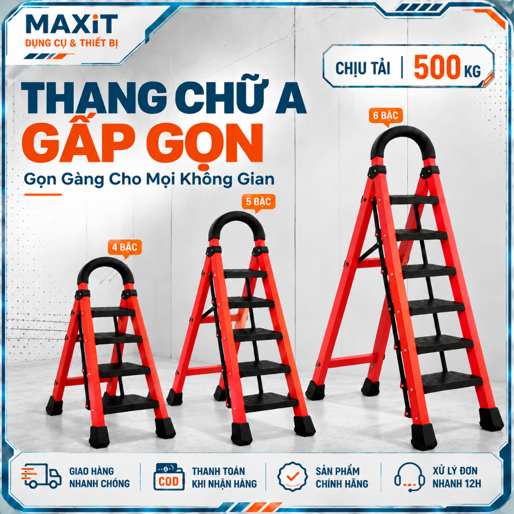 Thang Gấp Gọn Chữ A 4 5 6 Bậc, Thang Gia Đình Khung Thép Chắc Chắn, Bậc Nhựa Chống Trượt