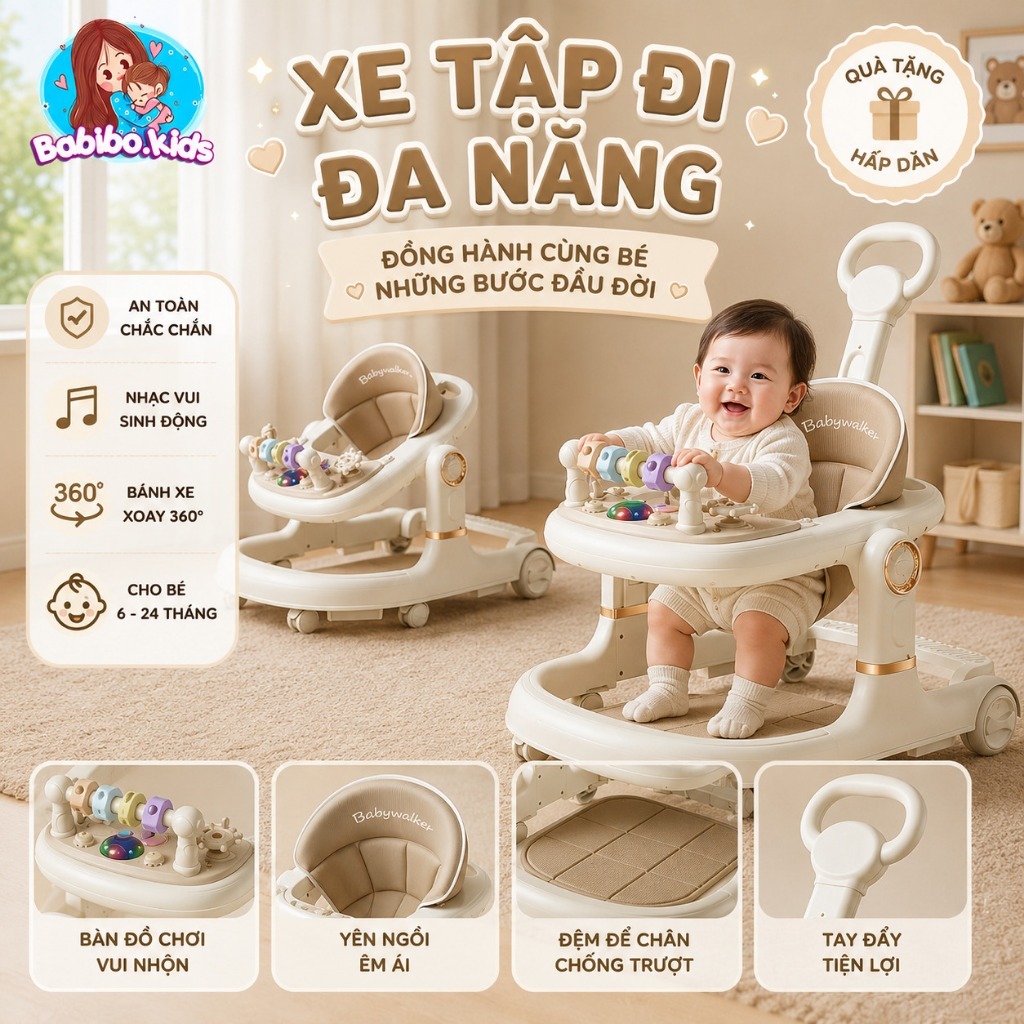 Xe tập đứng cho bé, xe tập đi chữ U cao cấp Babibo kids cho bé có cần đẩy điều chỉnh độ nghiêng dễ dàng