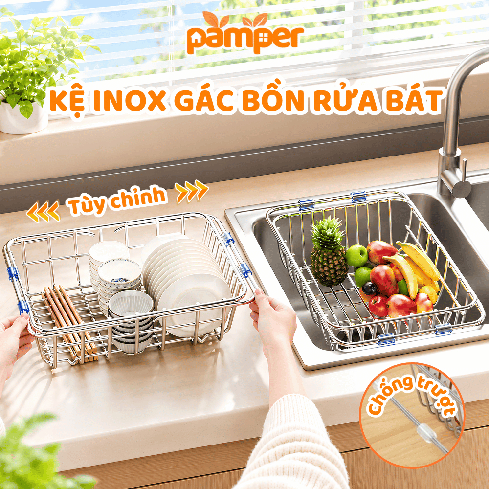 Kệ Inox Gác Bồn Rửa Úp Bát Đĩa Chống Gỉ PAMPER, Khay Lưới Đựng Chén Đũa Rau Củ Tùy Chỉnh Chiều Dài