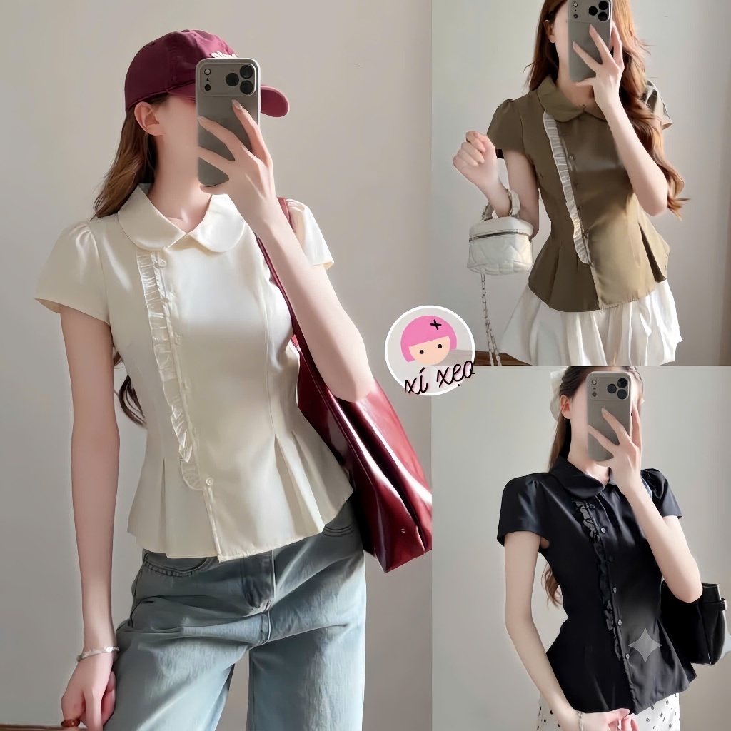 Áo sơ cổ sen XIXEOSHOP tay hến phối tơ chiết eo dáng ngắn kaki phong cách hàn quốc - A71