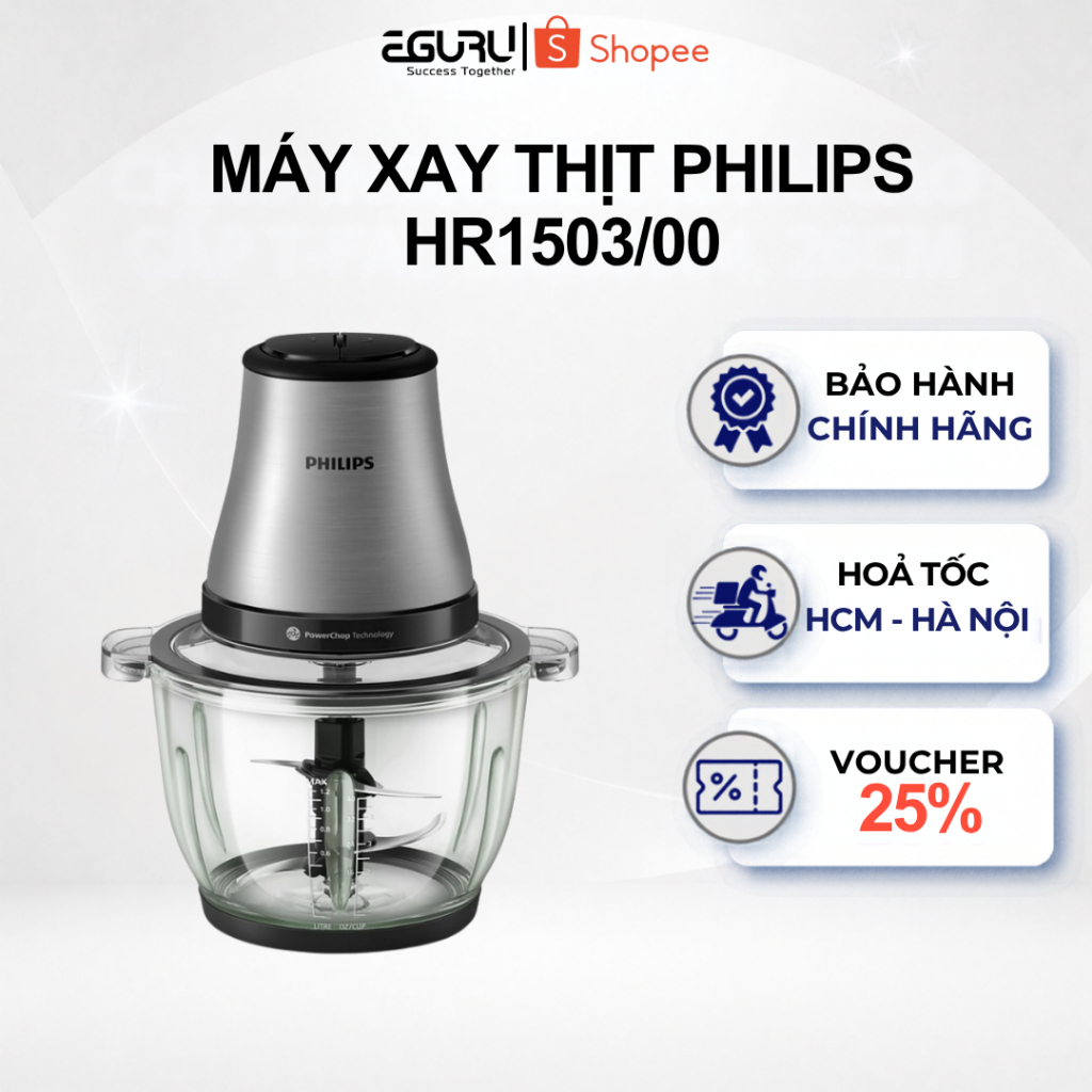 Máy xay thịt Philips HR1503 /00 500W Cối Thủy Tinh 2L - Công nghệ PowerChop - BH Chính Hãng 24T