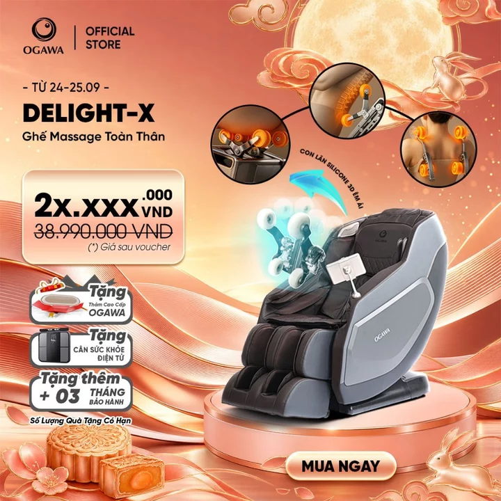 Ghế Massage Toàn Thân OGAWA Delight-X | Con Lăn 3D | SL-Track | Túi Khí Toàn Thân | 12 Chương Trình|Con lăn bắp chân
