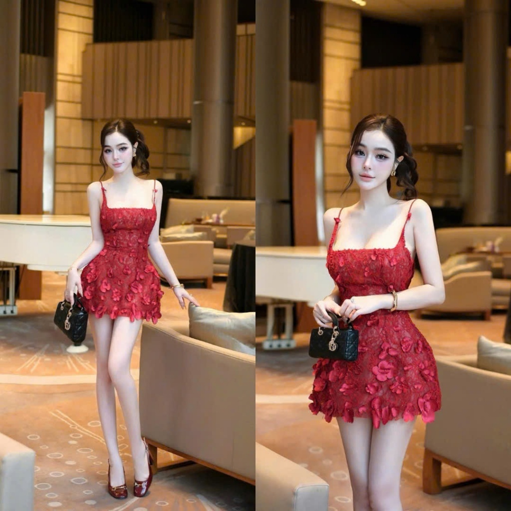 Đầm Ren Hai Dây Cổ Vuông Đính Hoa Nổi Sang Chảnh Quyến Rũ