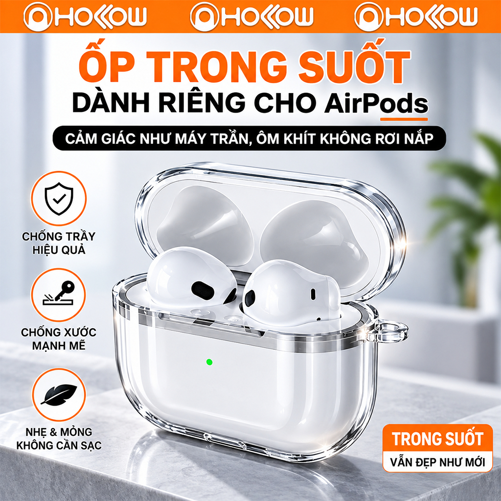 Ốp bảo vệ AirPods trong suốt chống sốc chống ố vàng ôm khít không rơi nắp cho AirPods 1 2 3 4 5 Pro Pro2 Pro3