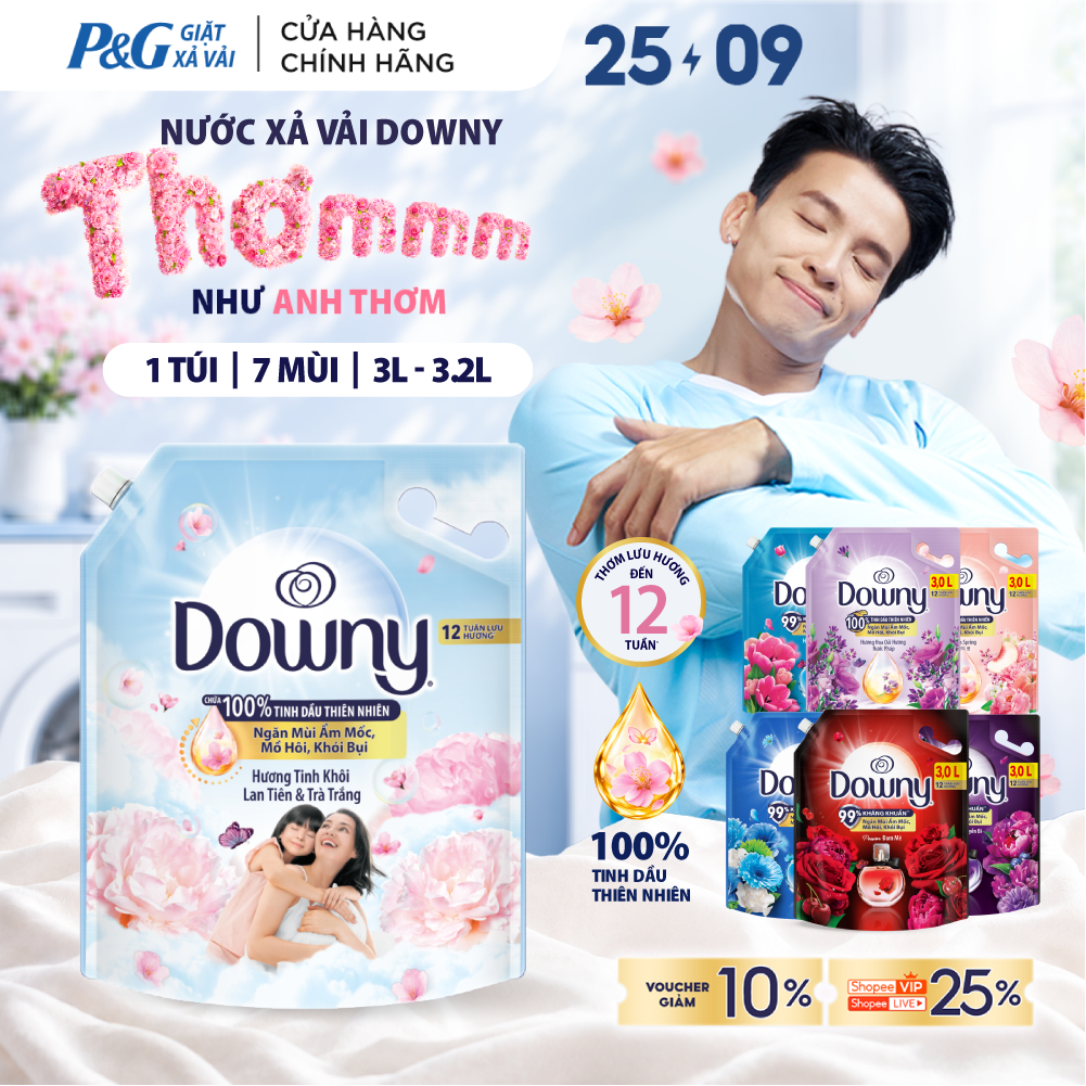 Nước Xả Vải DOWNY Tinh Dầu Thiên Nhiên/ Nước Hoa Cao Cấp/ Chống Khuẩn Nhiều Mùi Hương Túi 3L-3.2L