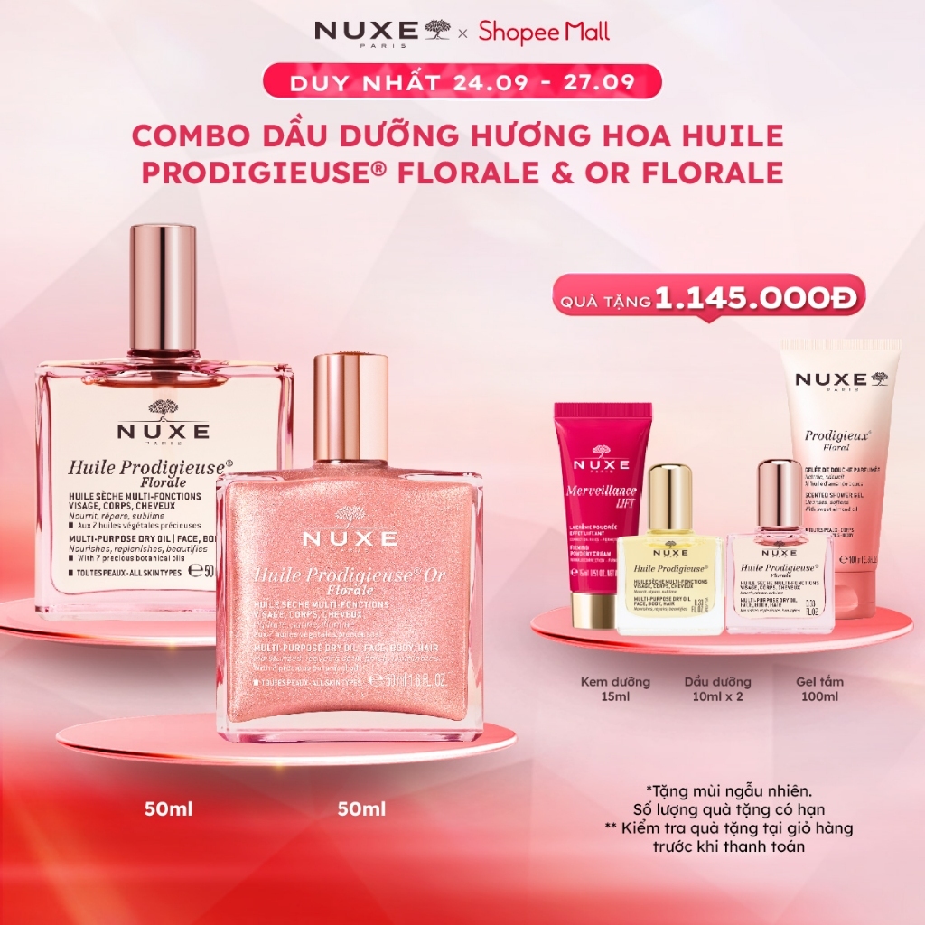 Combo Dầu dưỡng hương hoa Nuxe Huile Prodigieuse Florale Multi-Purpose Dry Oil 50ml & Or Florale 50ml
