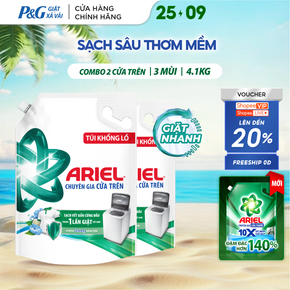 [V] Combo 2 Nước Giặt ARIEL Chuyên Gia Cửa Trên Ngăn Lem Màu Hương Downy Nắng Sớm/ Nước Hoa/ Oải Hương Túi 4.1KGx2