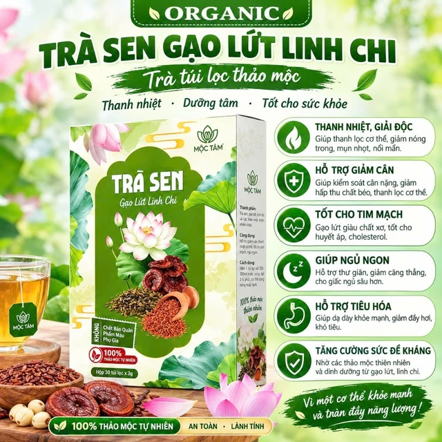 Trà Sen Gạo Lứt Linh Chi Chính Hãng Cao Cấp giảm cân giảm béo ngủ ngon tuần hoàn máu tốt thanh nhiệt hộp 30 gói