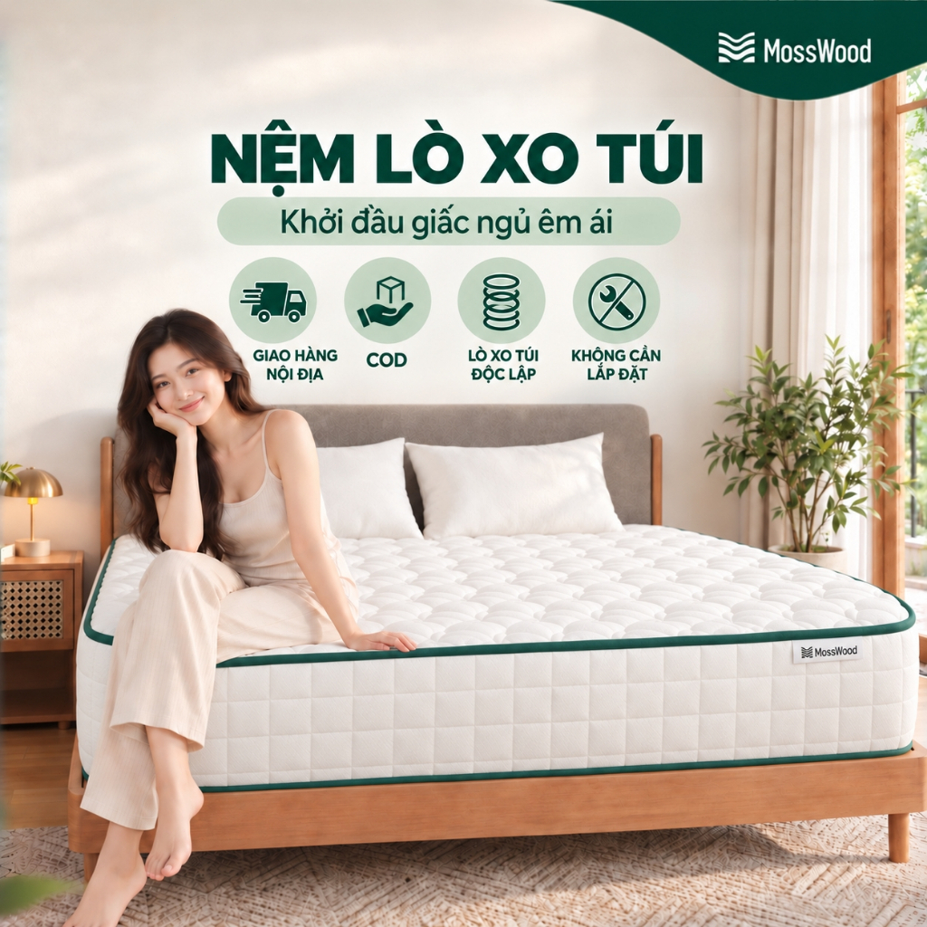 Nệm Lò Xo Túi MossWood 20cm – Nâng Đỡ Cơ Thể,Hạn Chế Xẹp Lún,Êm Ái,Cho Người Trẻ Thuê Trọ & Phòng Ngủ Nhỏ