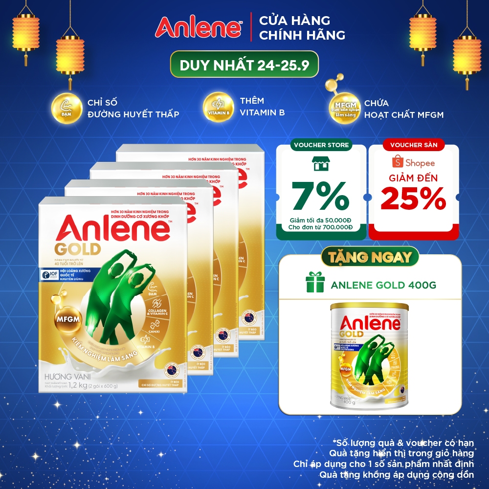 Combo 4 hộp Sữa Bột Anlene Gold Hương Vani 1.2kg ít béo, chỉ số đường huyết thấp giúp tăng cường cơ xương khớp