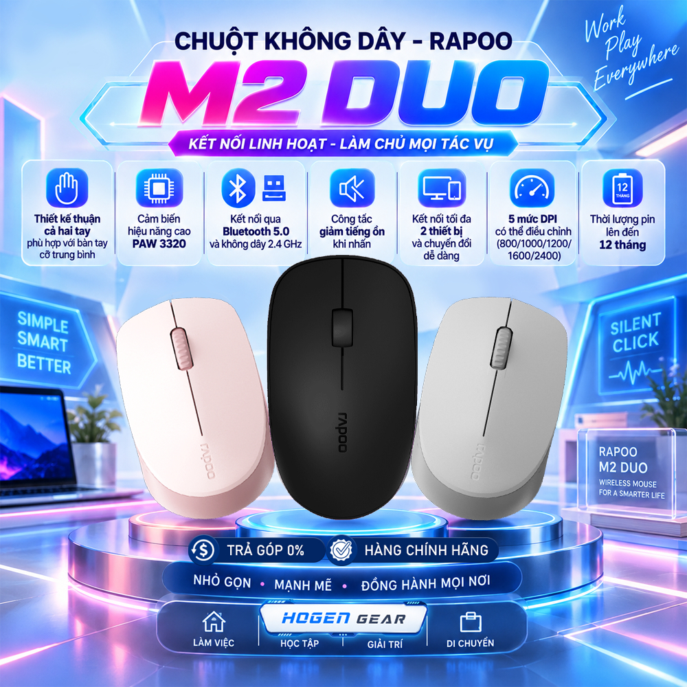 Chuột Không Dây Rapoo M2 Duo | 2.4GHz & Bluetooth | 5 mức 800-2400 DPI | Tặng 1 Pin AA | Bảo hành 24 tháng