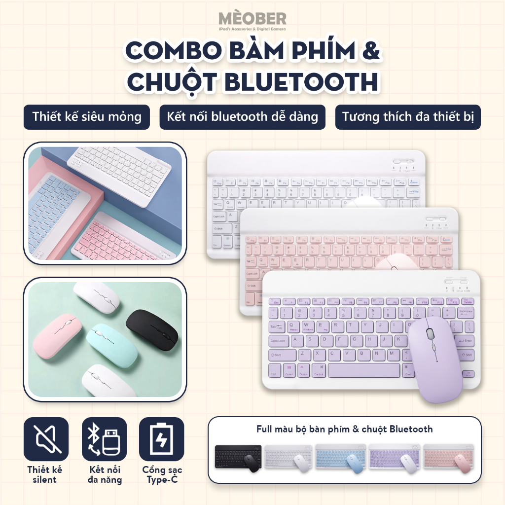 Bộ Bàn Phím và Chuột Bluetooth Siêu Mỏng Nhẹ Dành Cho tablet Pro 11,Air 4,Gen 5/6/7/8/9, Laptop, Smartphone v.v