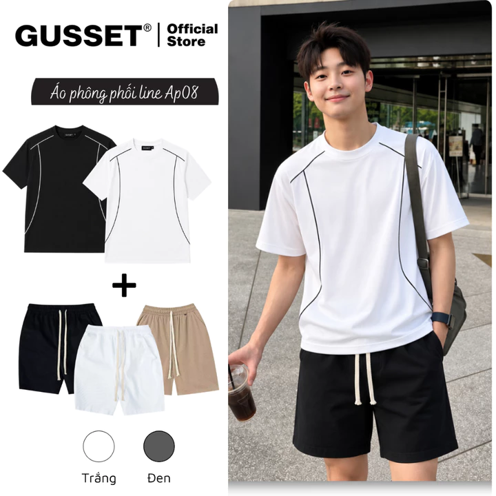 Áo Phông Nam Gusset AP08 Form Rộng Streetwear Áo Thun Nam Phối Line Thể Thao Vải Cotton Mềm Mát