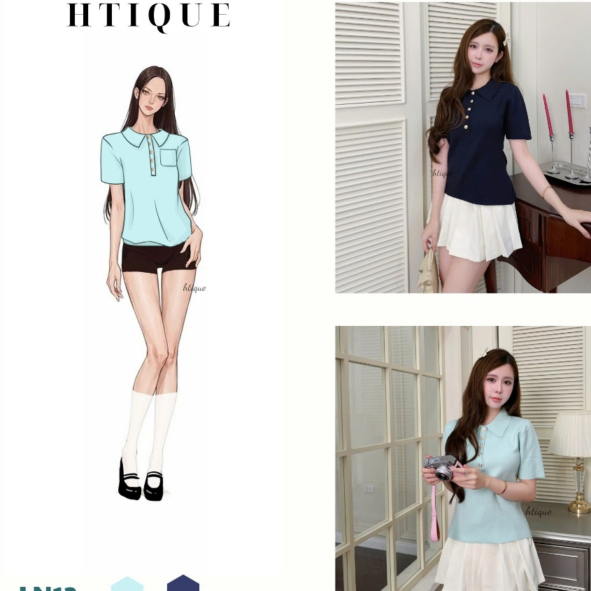 (BACK TO SCHOOL) HTIQUE mở bán Áo Polo Nữ Dệt Kim Cổ Bẻ Thanh Lịch, Áo Len Xanh Ngọc Sáng Da Phối Túi Nữ Tính LN12