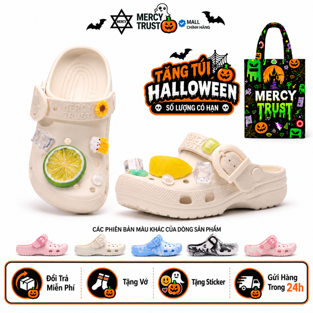 [TẶNG TÚI HALLOWEEN] Kèm Sticker GIỐNG HÌNH, Vớ -MC15- Dép Sục MERCY TRUST BASIC Quai Khóa Cá Tính Nam Nữ, Êm Nhẹ