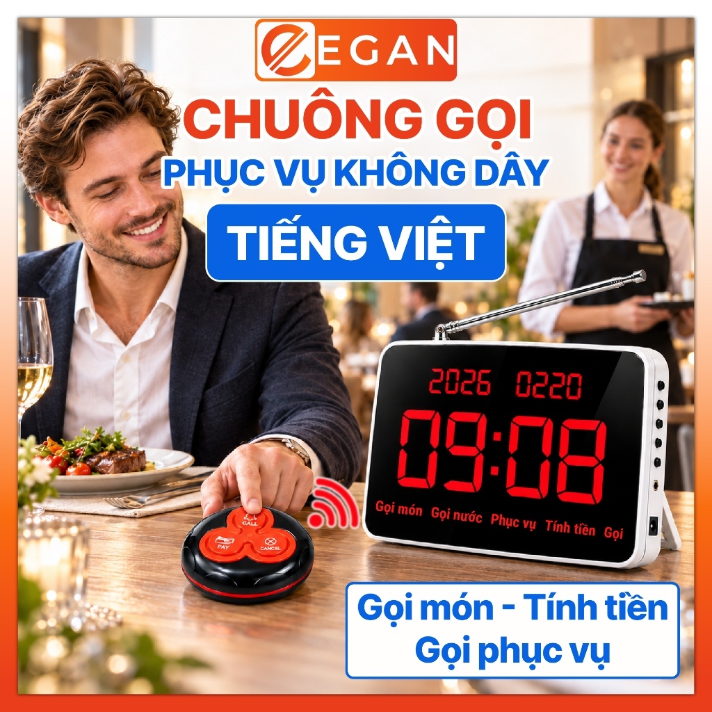 Chuông gọi phục vụ không dây PINGRON PV06-TV, thông báo Tiếng Việt, chuông gọi nhân viên cho nhà hàng quán ăn cafe