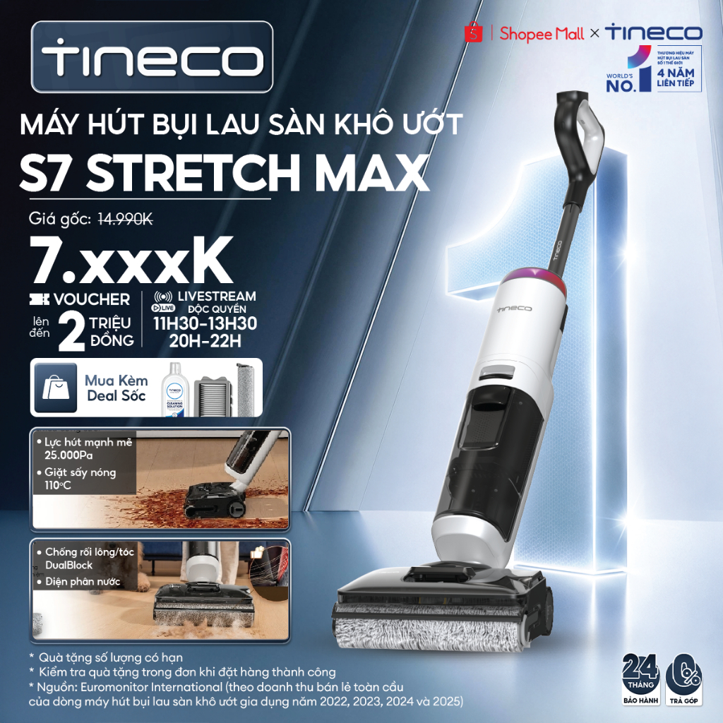 Tineco Floor One S7 Stretch Max / S7 Max Pro Máy hút bụi lau sàn khô ướt  - Lực hút 25000Pa - Giặt sấy nóng 110°C