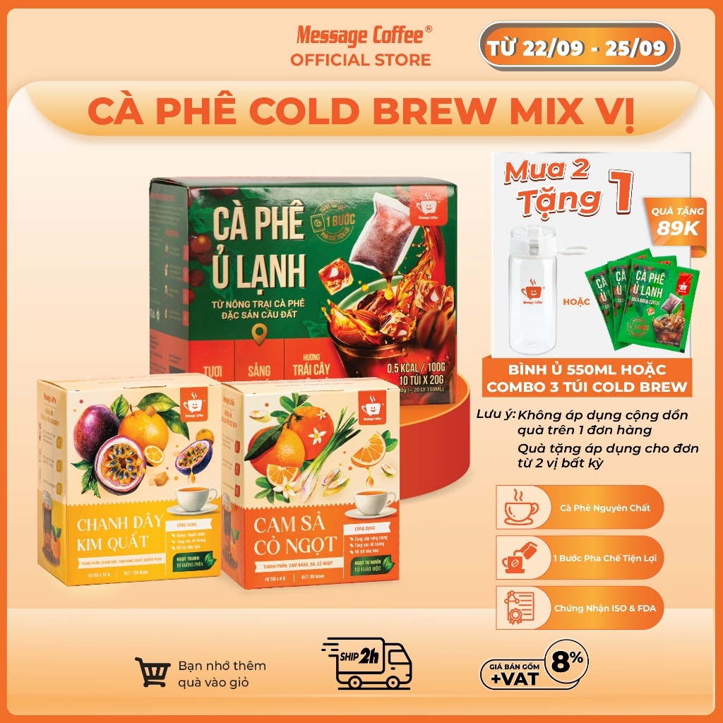 Cà phê Ủ Lạnh Cold Brew túi lọc Arabica Cầu Đất mix vị, cafe tiện lợi một bước pha chế từ Message Coffee