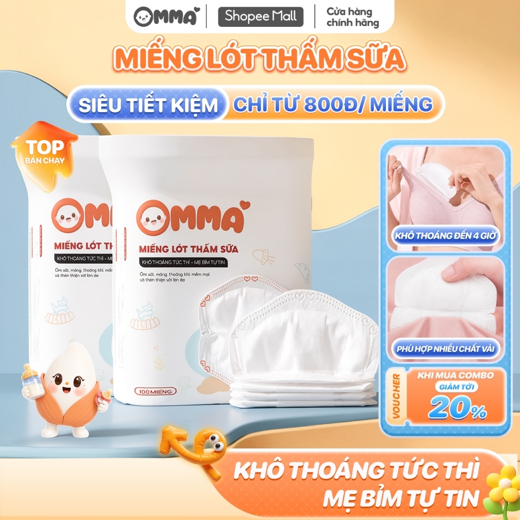 Bịch 100 miếng lót thấm hút sữa OMMA chống tràn tối đa, từ sợi organic an toàn lành tính