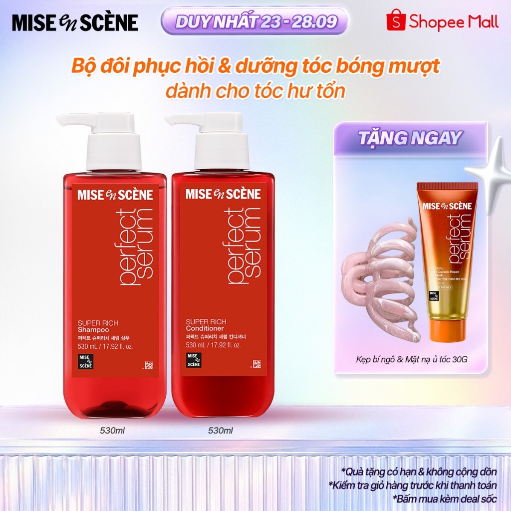 Bộ đôi Gội - Xả Mise En Scène Perfect Serum Super Rich 530ml dành cho tóc hư tổn do uốn, nhuộm