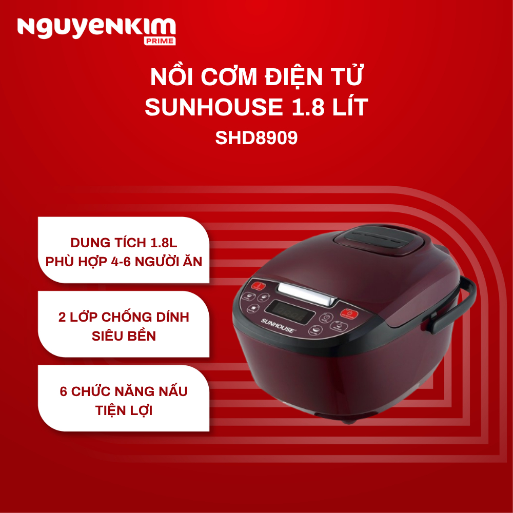 Nồi cơm điện tử Sunhouse 1.8 lít SHD8909, phù hợp 4-6 người ăn