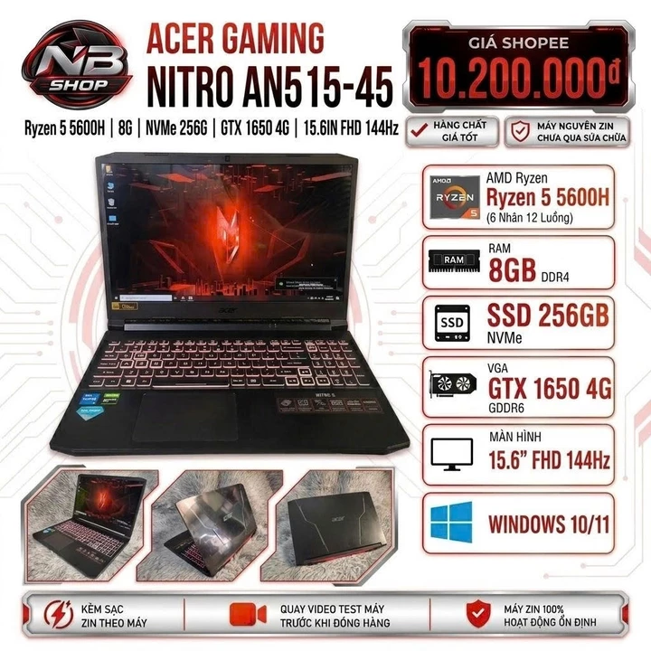 Laptop Acer Gaming Nitro AN515-45 Ryzen 5 5600H 8GB RAM SSD 256GB GTX 1650 4G màn hình 15.6 FHD 144Hz