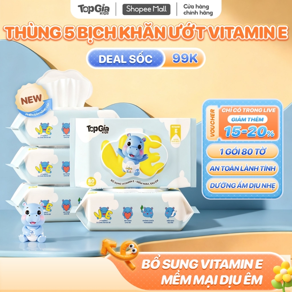 Thùng khăn ướt cao cấp cho bé Vitamin E Topgiakids 80 tờ, bổ sung tinh chất Vitamin E dưỡng ẩm dịu êm
