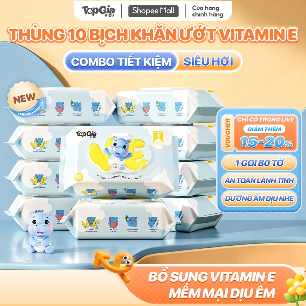 Thùng 10 gói khăn ướt vitamin E TopGiaKids cho em bé, không cồn, không parabens, không mùi cao cấp