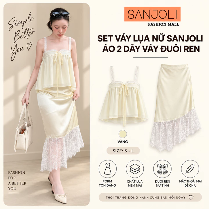 Set Váy Lụa nữ SANJOLI Áo 2 dây Váy Đuôi Ren Dịu Dàng Nữ Tính Váy Dài Hàn Quốc Đi Chơi Đi Tiệc VD008