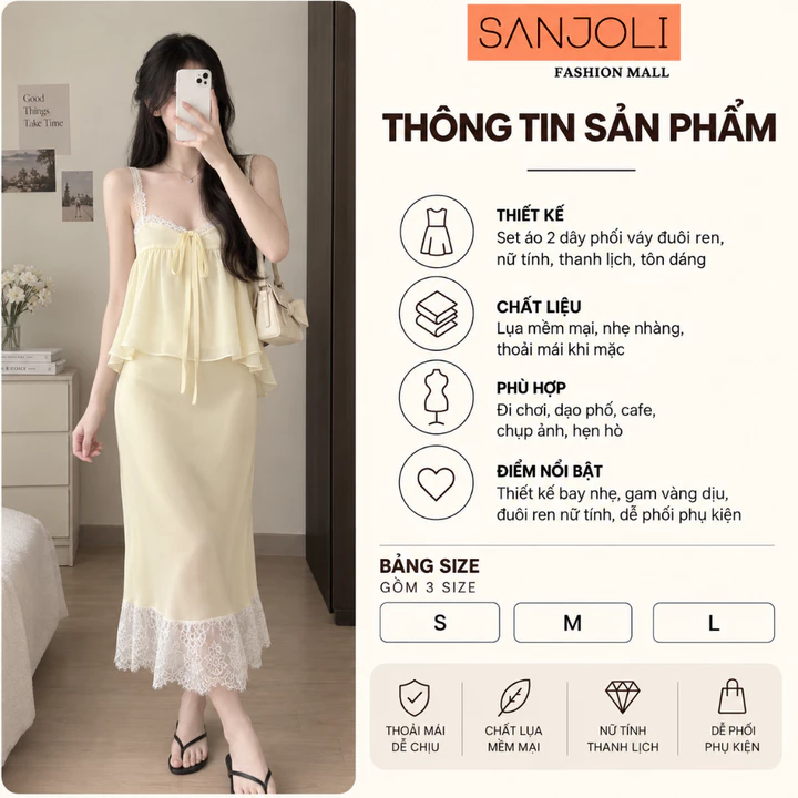 Set Váy Lụa nữ SANJOLI Áo 2 dây Váy Đuôi Ren Dịu Dàng Nữ Tính Váy Dài Hàn Quốc Đi Chơi Đi Tiệc VD008