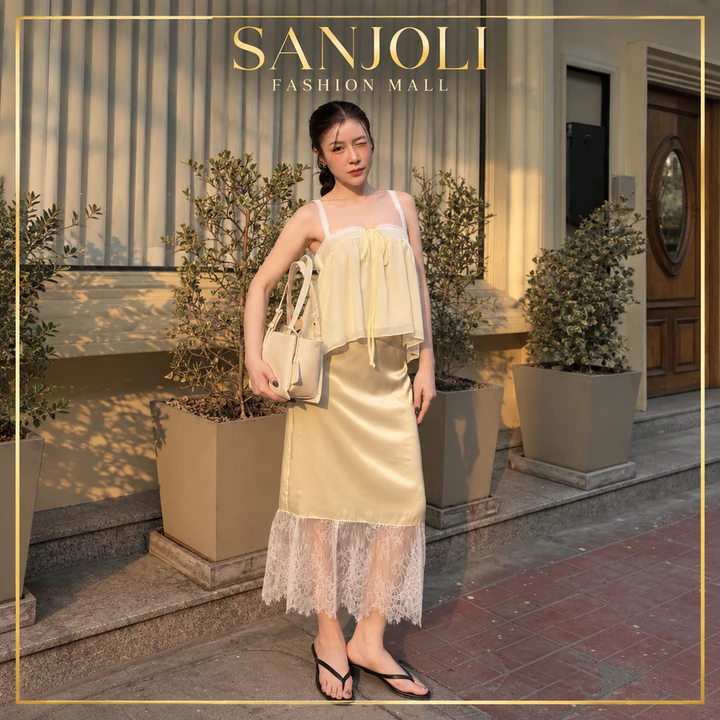 Set Váy Lụa nữ SANJOLI Áo 2 dây Váy Đuôi Ren Dịu Dàng Nữ Tính Váy Dài Hàn Quốc Đi Chơi Đi Tiệc VD008