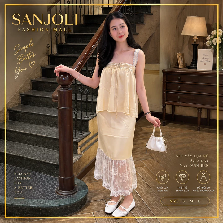 Set Váy Lụa nữ SANJOLI Áo 2 dây Váy Đuôi Ren Dịu Dàng Nữ Tính Váy Dài Hàn Quốc Đi Chơi Đi Tiệc VD008