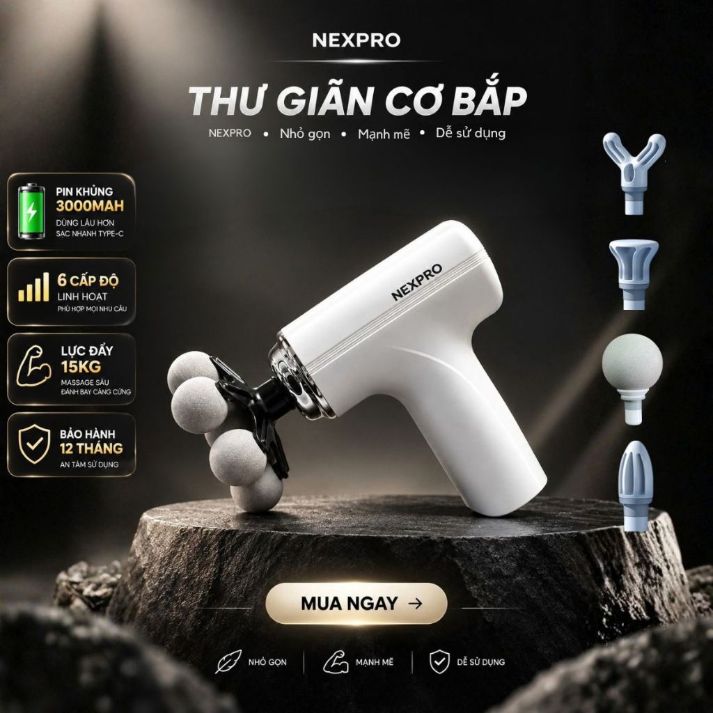( 5 ĐẦU) Máy Massage NEXPRO Cầm Tay Cải Tiến, Tăng Diện Tích Tiếp Xúc Vùng Nhức Mỏi, Massage Toàn Thân, BH 12Tháng