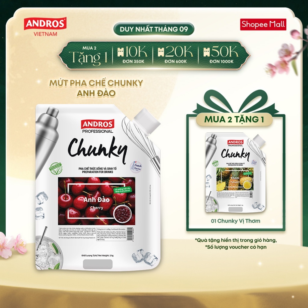 [MUA 2 TẶNG 1] Mứt Trái Cây Pha Chế Anh Đào - Có miếng trái cây thật - Nguyên liệu pha chế - ANDROS CHUNKY - 1kg